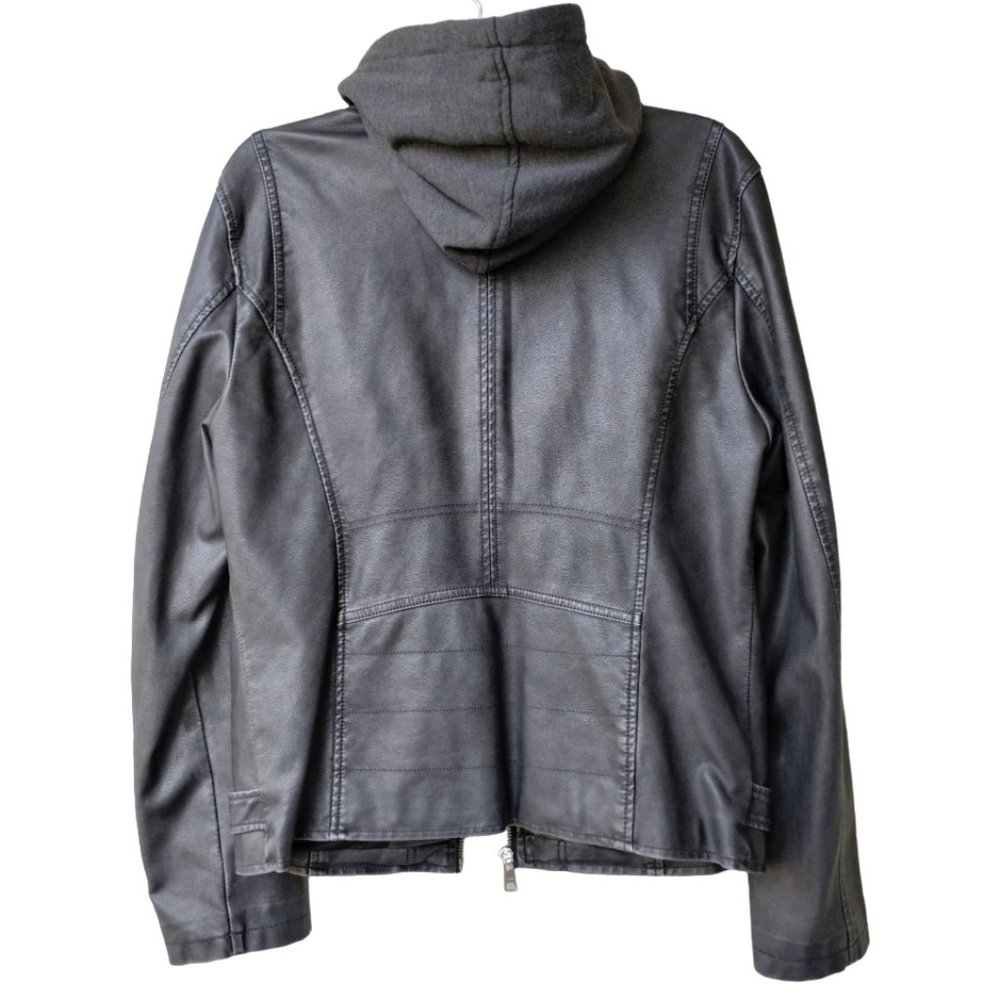Black Rivet Vegan Leather Removable Hoodie Moto Jacket - Fits M - Carchoal/Black - Picture 9 of 16